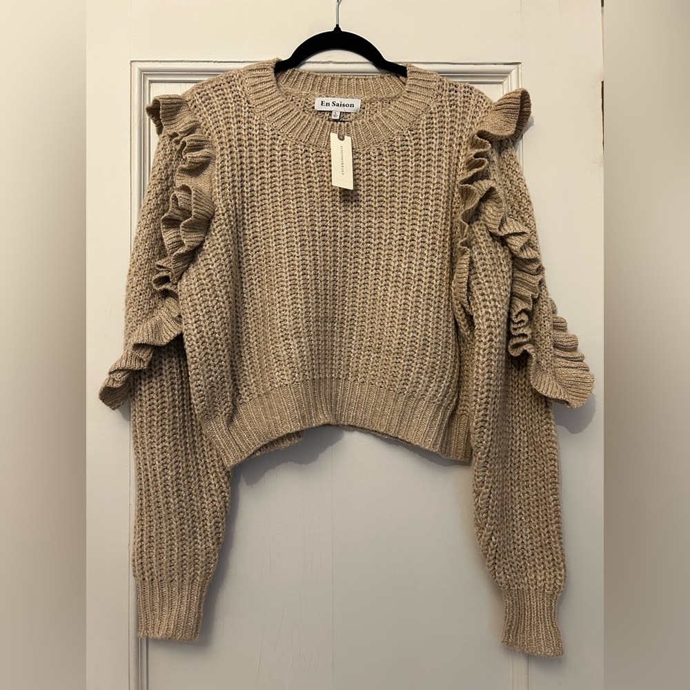 New Anthropologie En Saison Crop Tan Crew Neck Sweater with Ruffle Details
